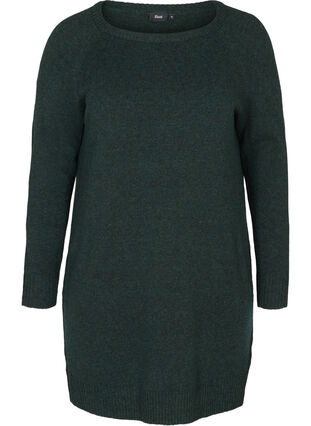 Long-sleeved knitted dress with a round neck, Darkest Spruce Mel, Packshot image number 0