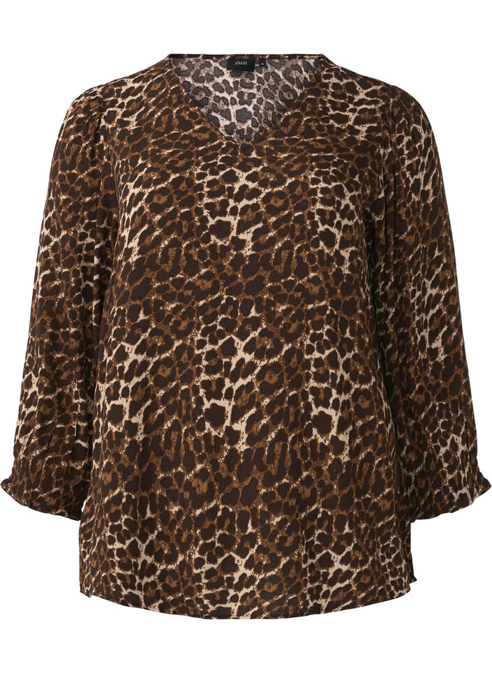 Leopard print blouse with 3/4 sleeves, Leo AOP, Packshot image number 0