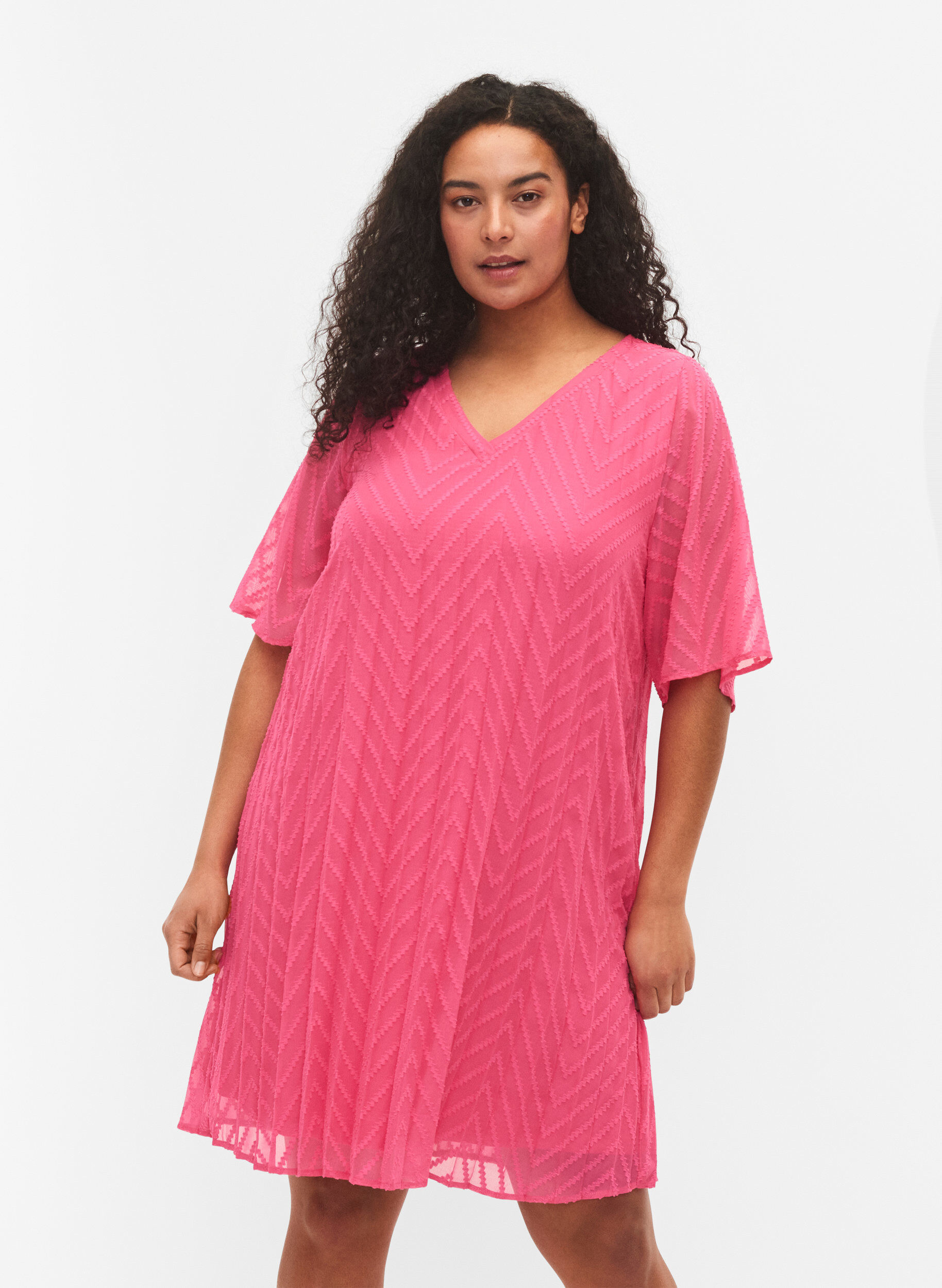 Zizzifashion Short sleeved pleated dress, Shocking Pink, Model image number 0