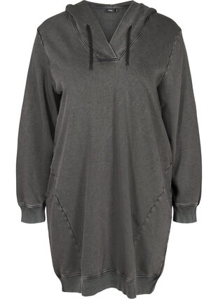 Loose, cotton hoodie sweatshirt dress with pockets, DARK GREY WASHED, Packshot image number 0