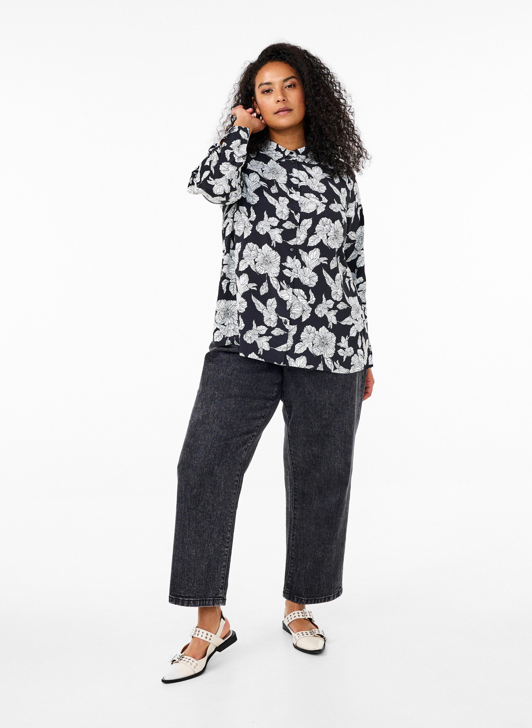 Zizzifashion Shirt with floral print, Black, Model image number 1