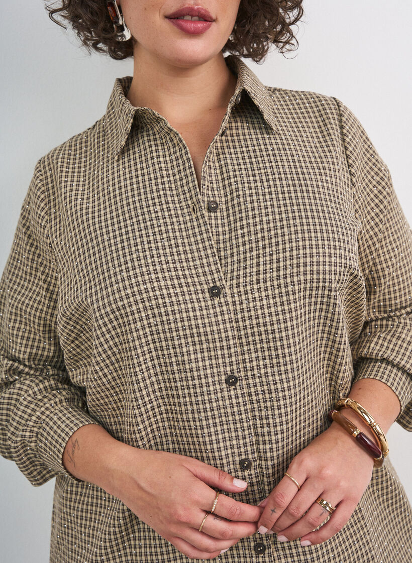 Shirt with small check pattern and rhinestones, Brown, Model image number 3