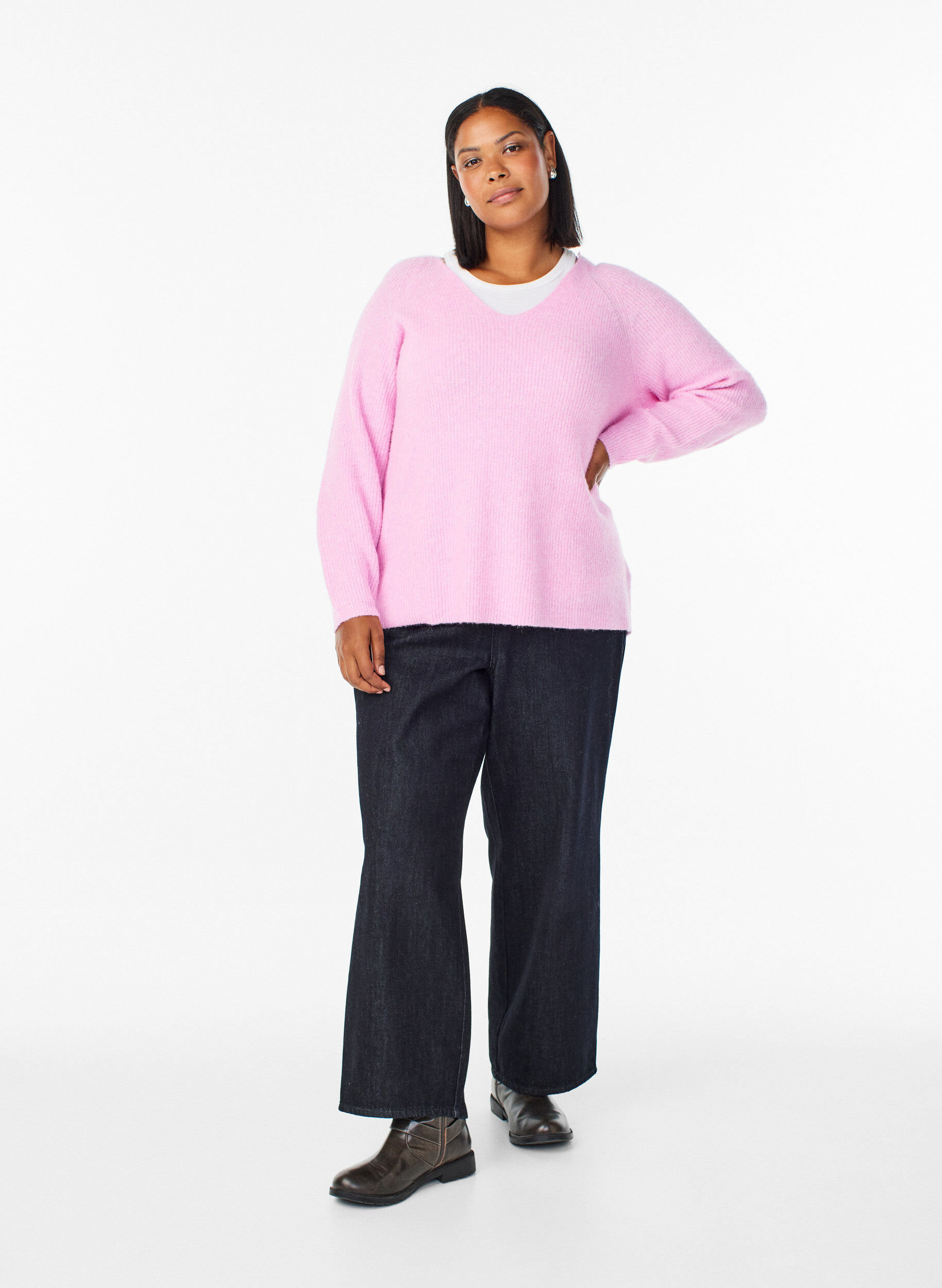 ZizzifashionKnitted blouse with V-neck and raglan sleeves, Pink, Model image number 1