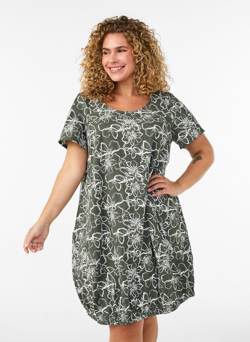 Short-sleeved cotton dress with print, Green, Model image number 0
