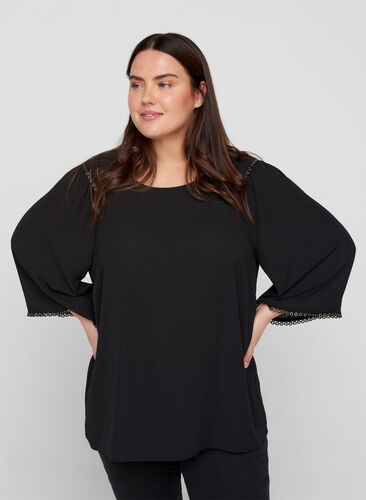 Blouse with 3/4-length Sleeves and Rivets, Black, Model image number 0