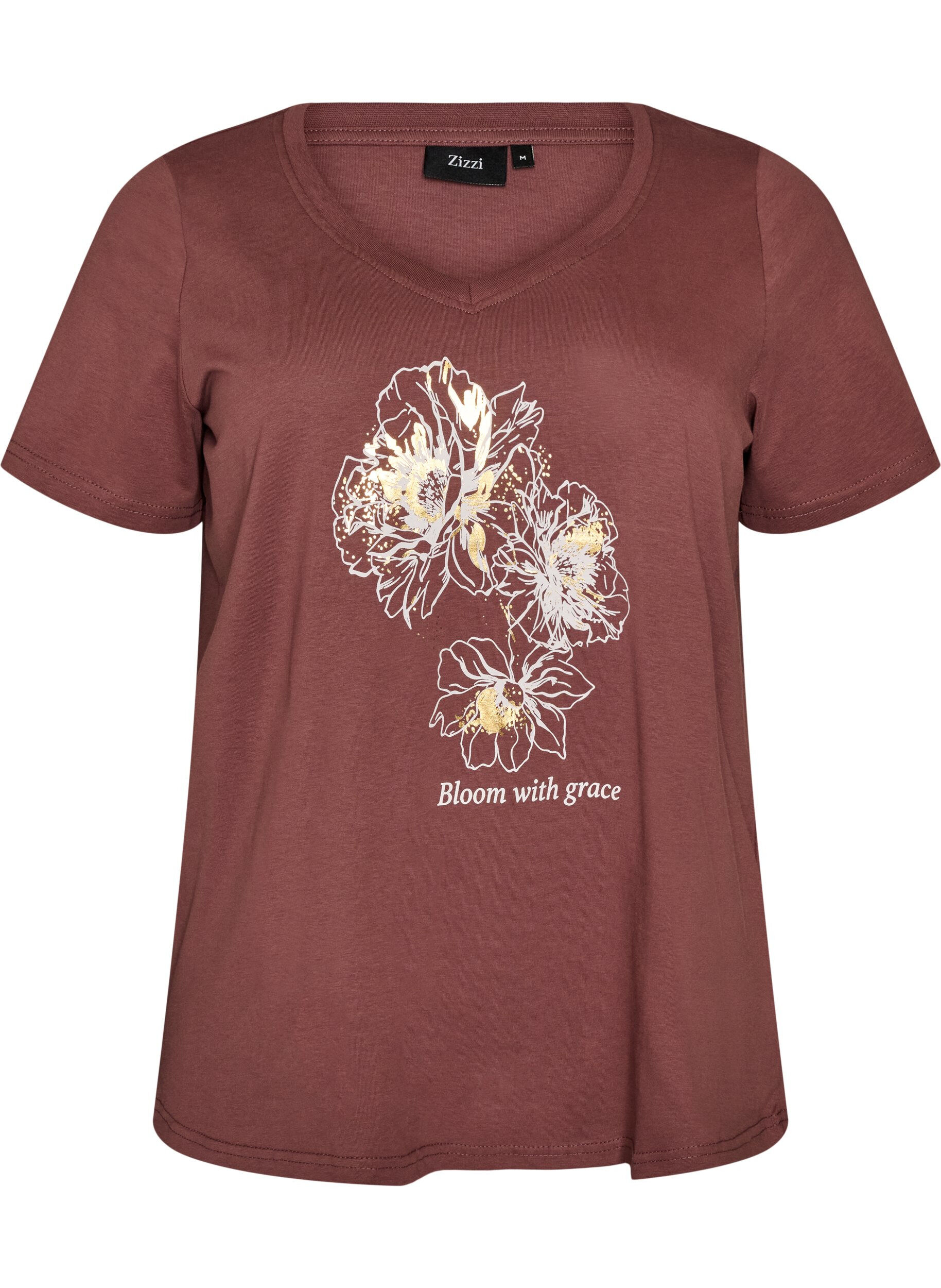 Cotton T-shirt with front print and V-neck