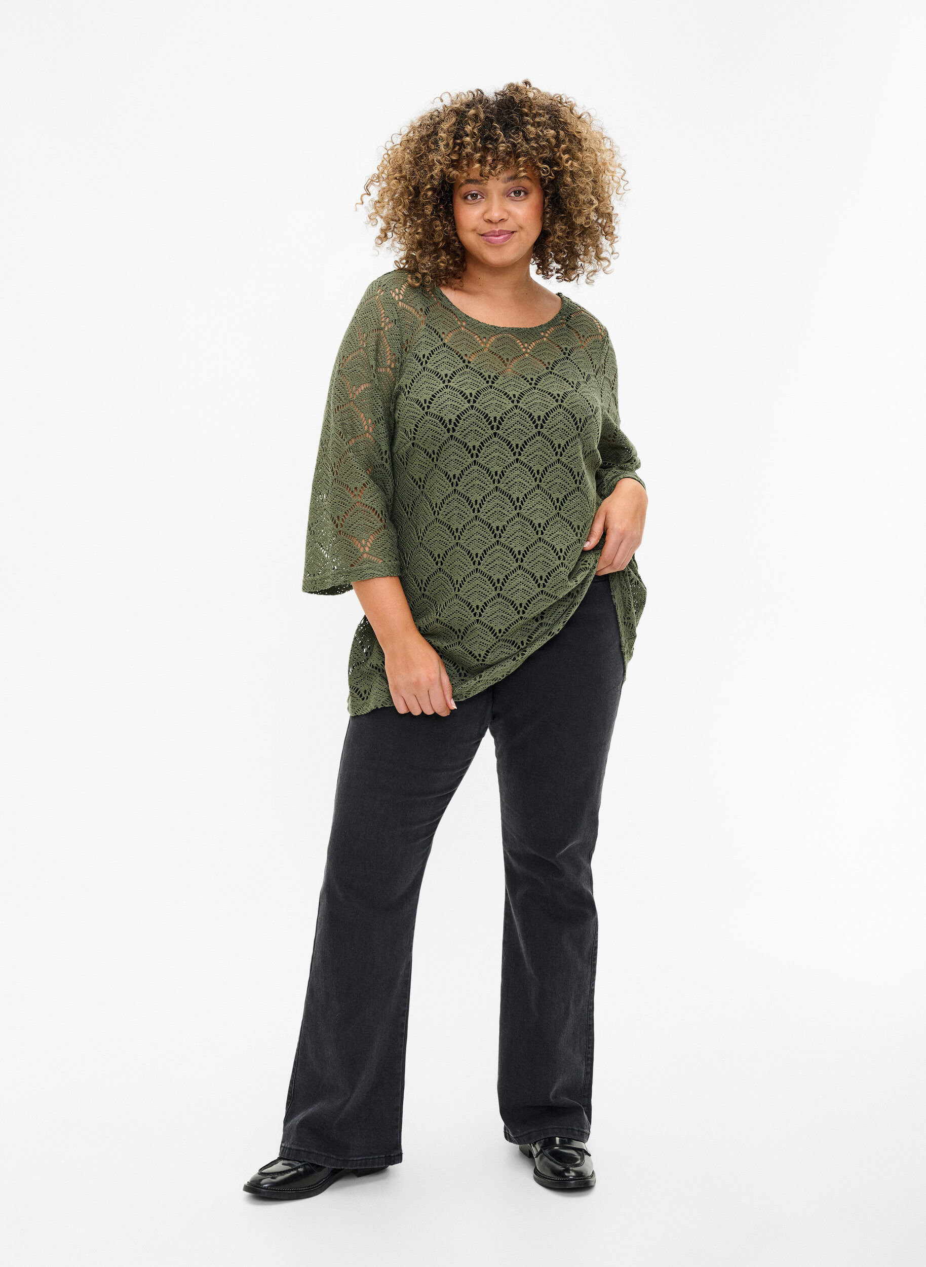 Zizzifashion Crochet blouse with 3/4 sleeves, Thyme, Model image number 2
