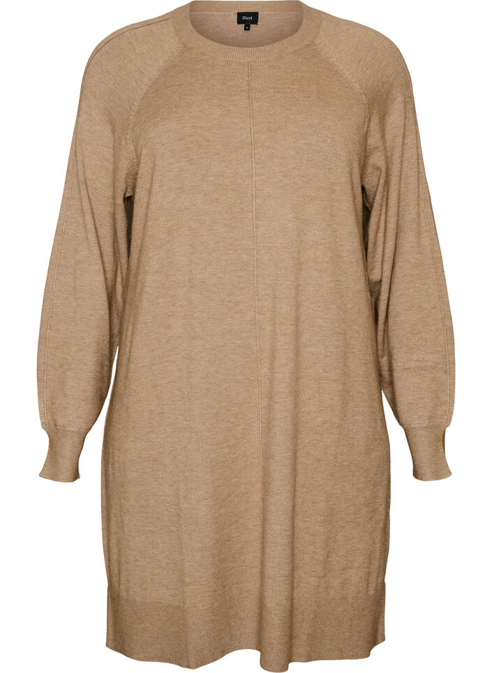 Short knitted dress with raglan sleeves and a centre seam, Beige, Packshot image number 0
