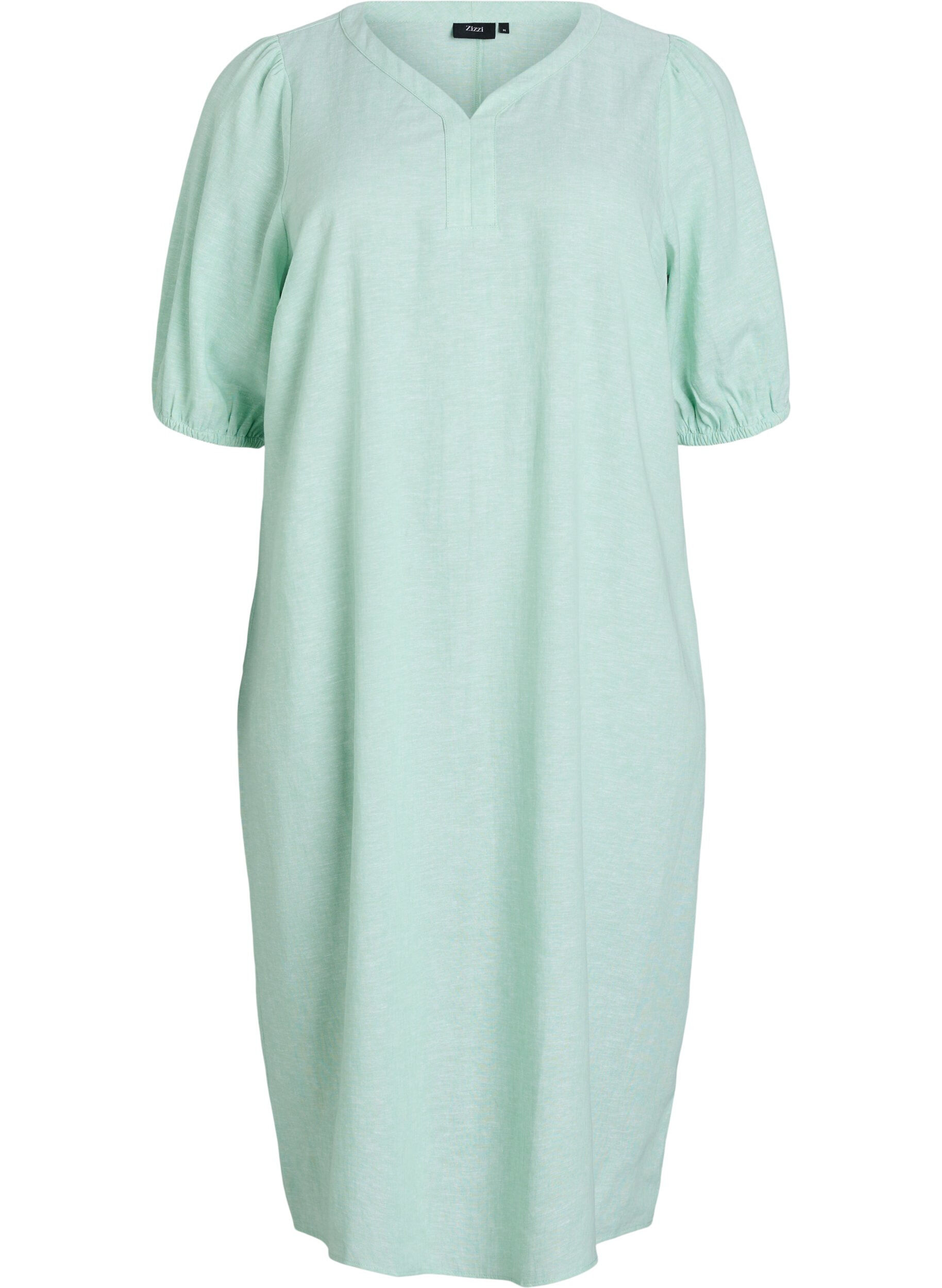 Midi dress in linen and viscose with short sleeves