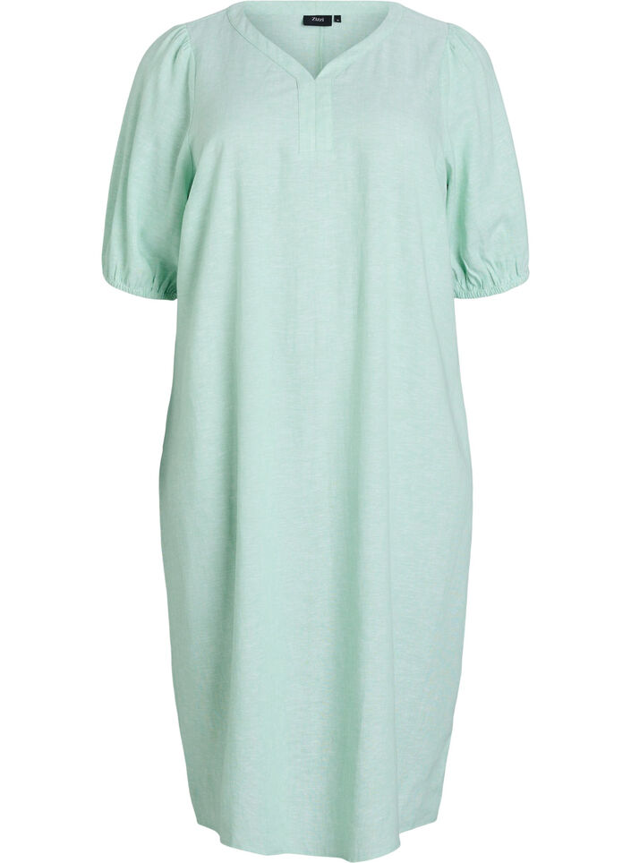 Midi dress in linen and viscose with short sleeves, Green, Packshot image number 0