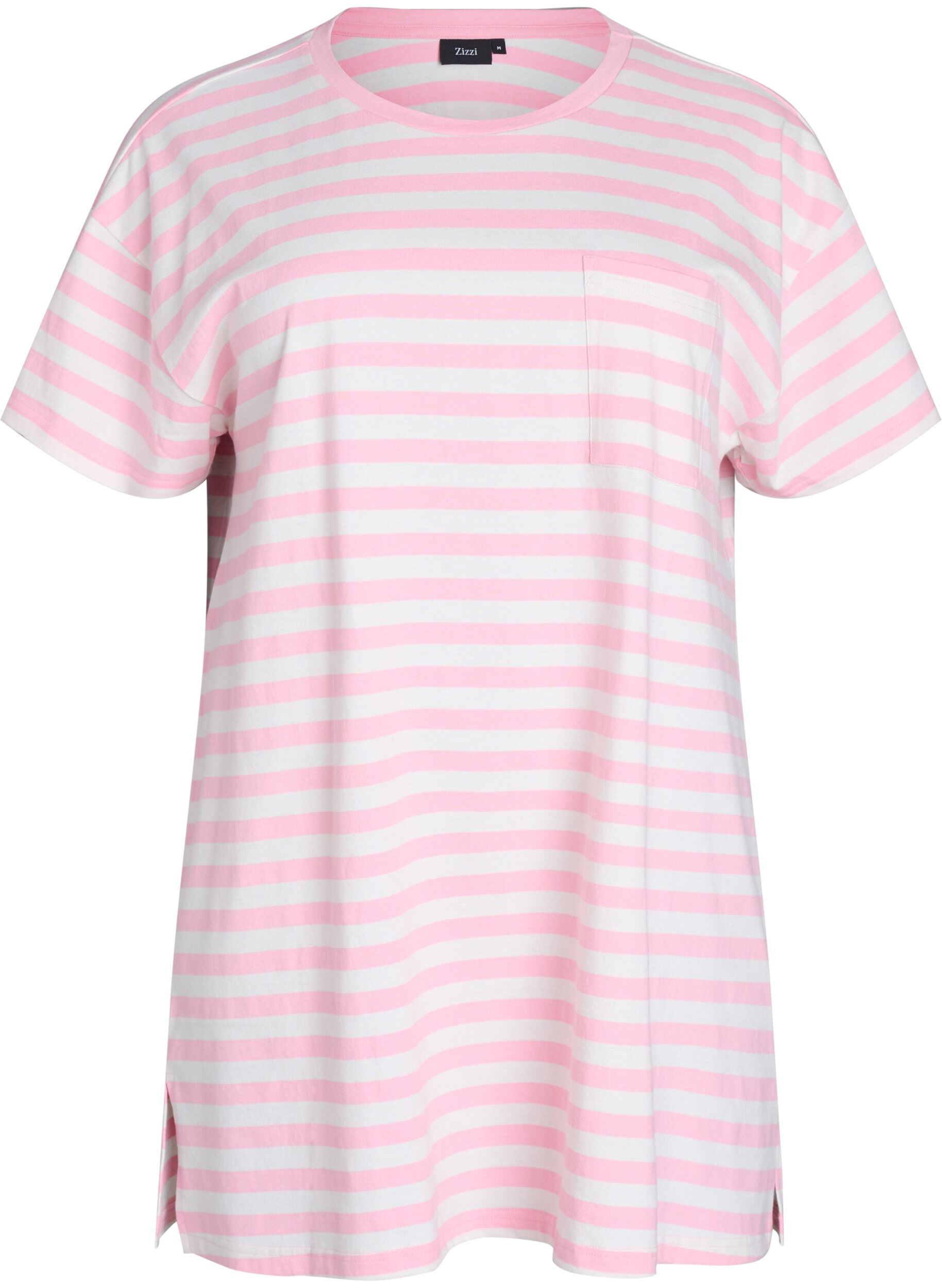Zizzifashion Long night t-shirt in organic cotton with stripes, Pink, Packshot image number 0
