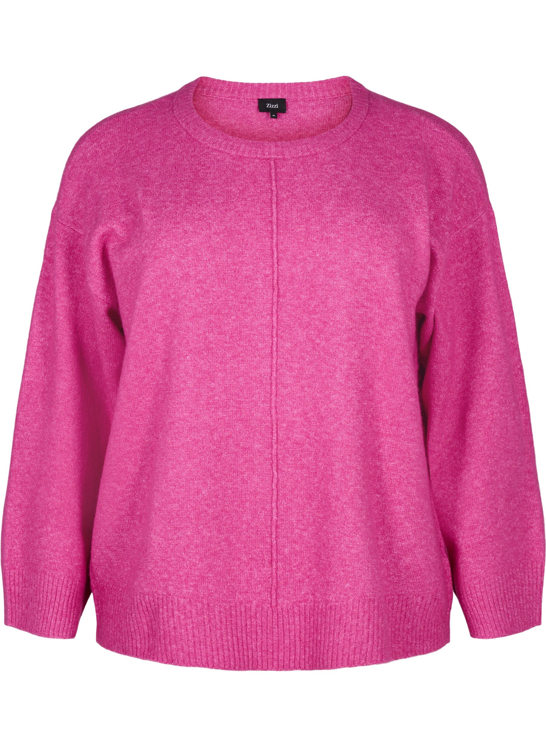 Zizzifashion Knitted blouse with a round neck and center seam, Fuchsia Red Mel., Packshot image number 0