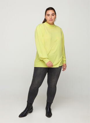 High-necked knitted blouse with balloon sleeves, Daiquiri Green, Model image number 2