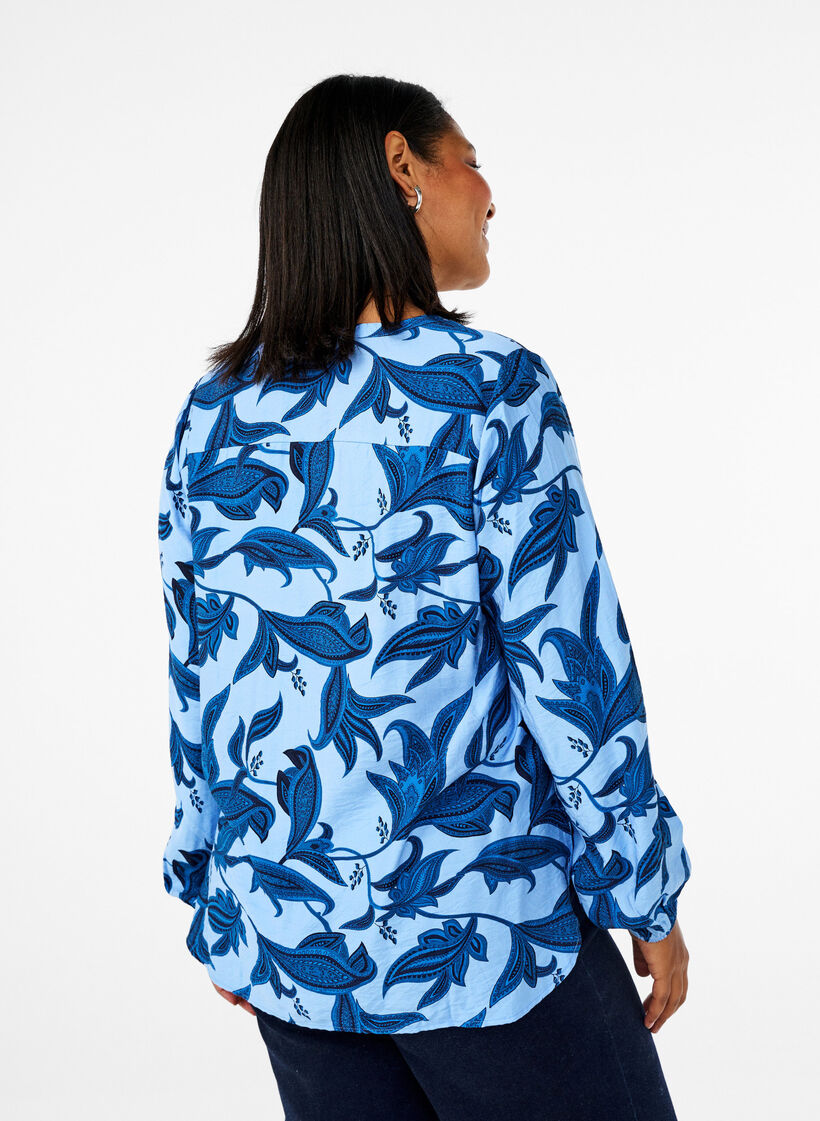 Long-sleeved paisley print blouse with a v-neck, Blue Paisley AOP, Model image number 1