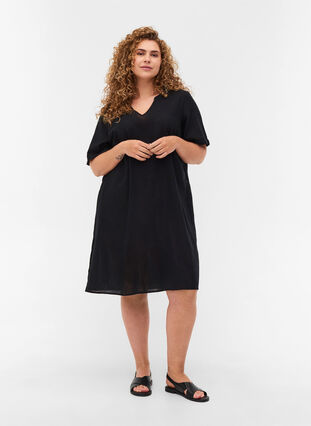 Short-sleeved dress in a cotton blend with linen, Black, Model image number 2