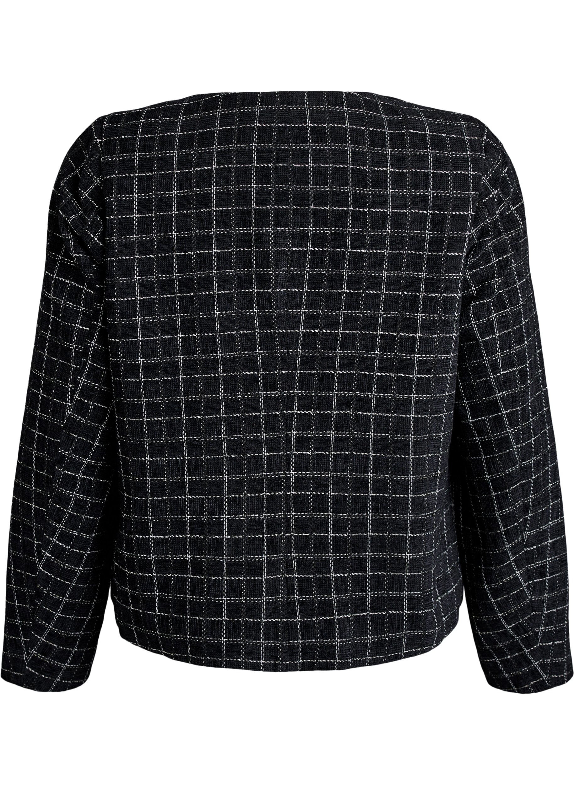 Zizzifashion Short checked boucl&eacute; blazer with a round neck, Black, Packshot image number 1
