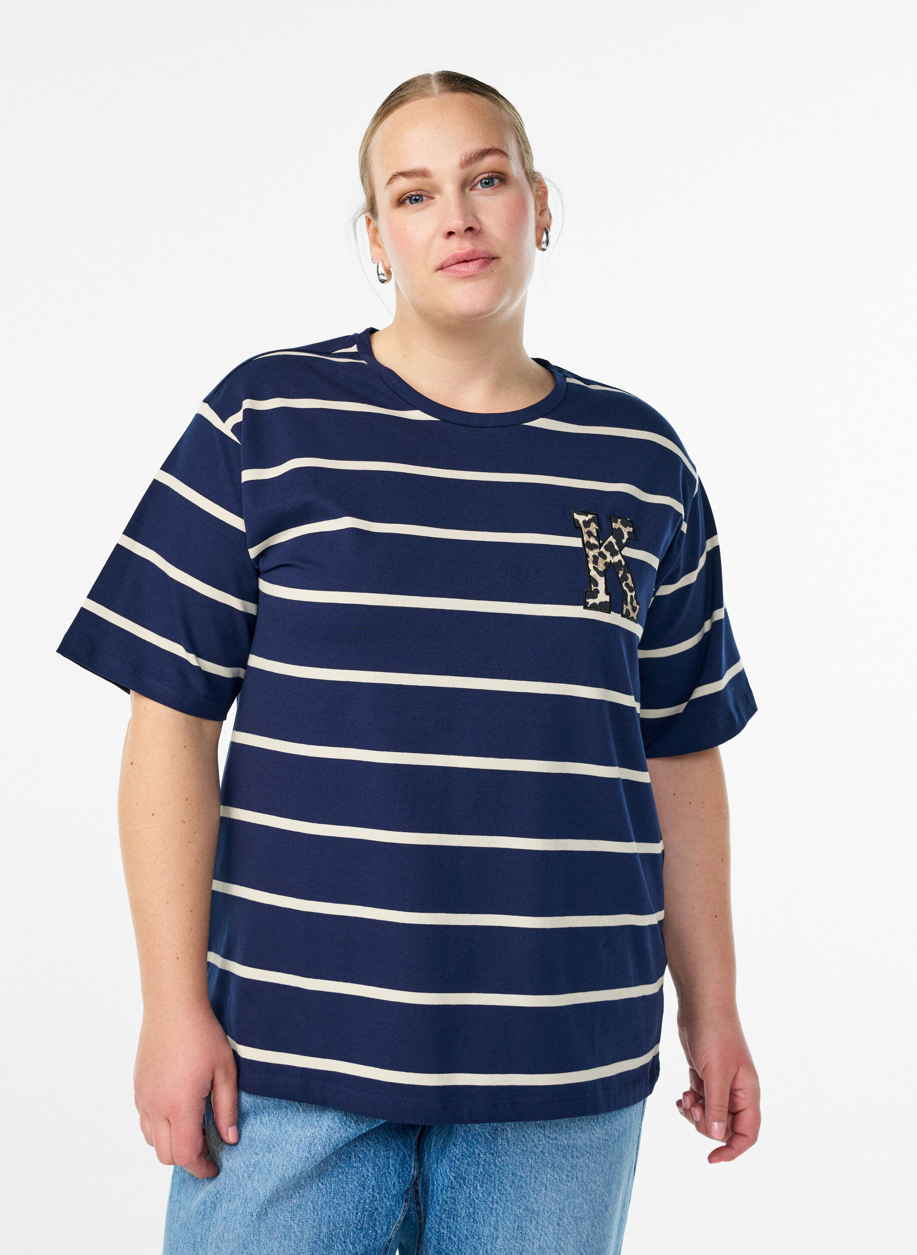 T-shirt with stripes and leopard detail, Blue, Model