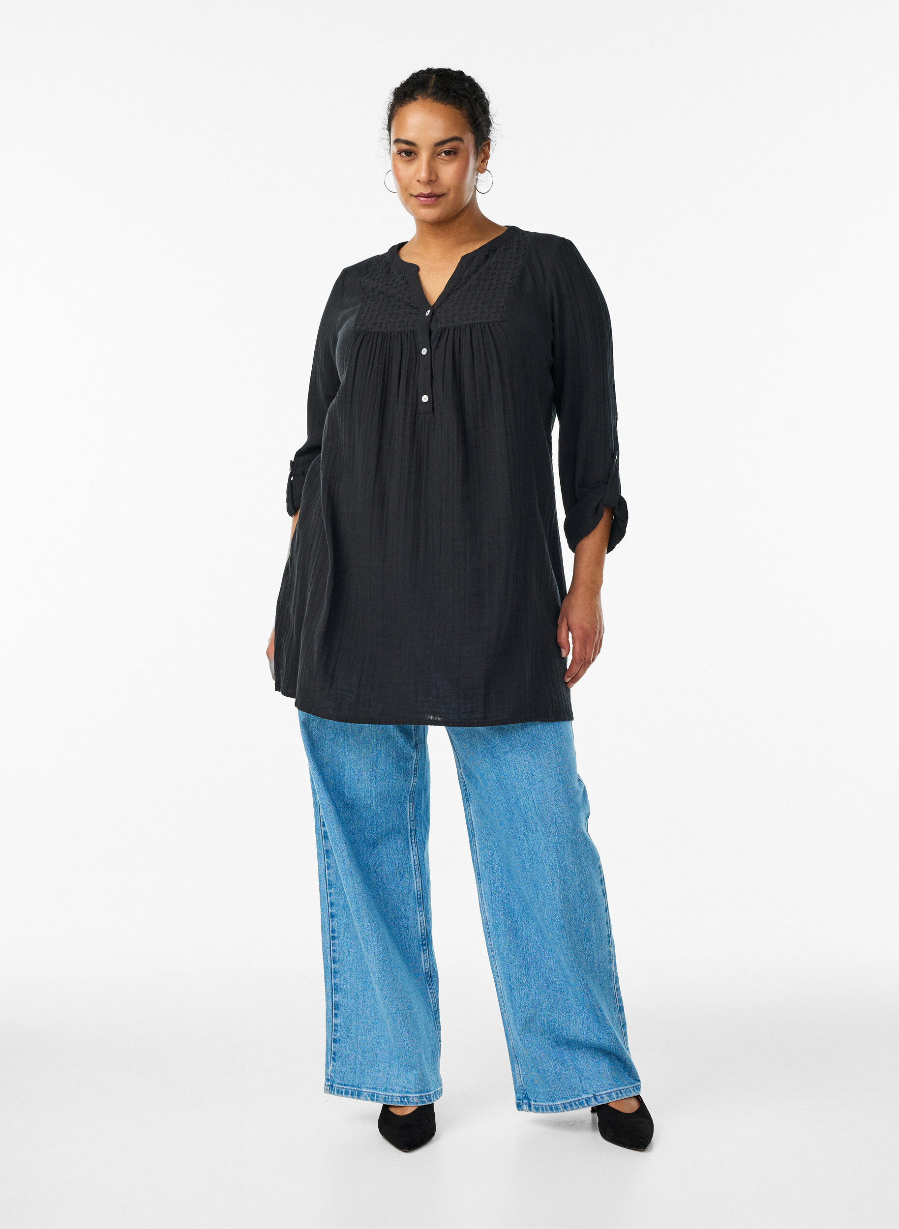 ZizzifashionCotton muslin tunic with broderie anglaise, Black, Model image number 1