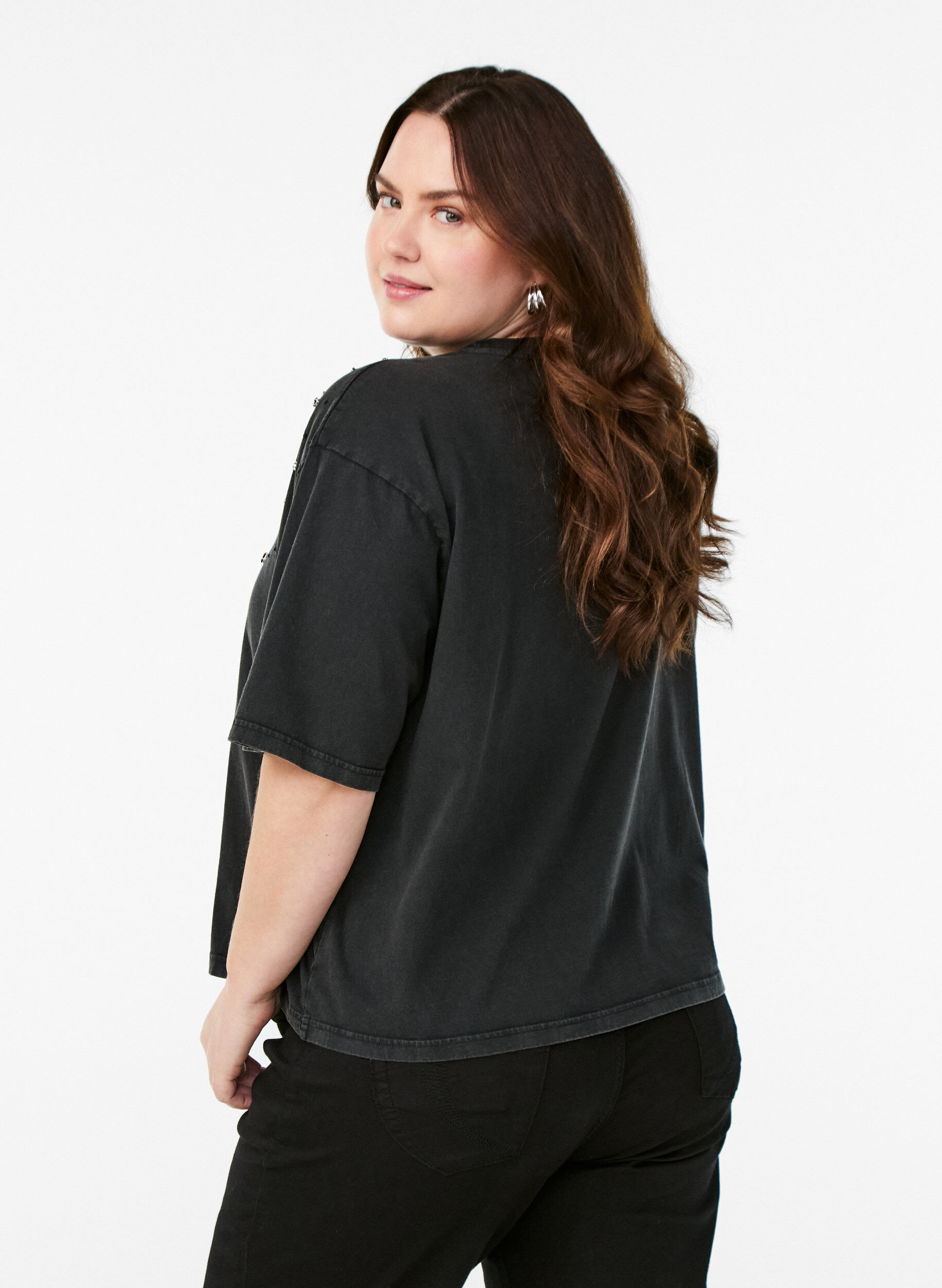 Zizzifashion Boxy T-shirt with pearls and rhinestones, Dark Grey, Model image number 2