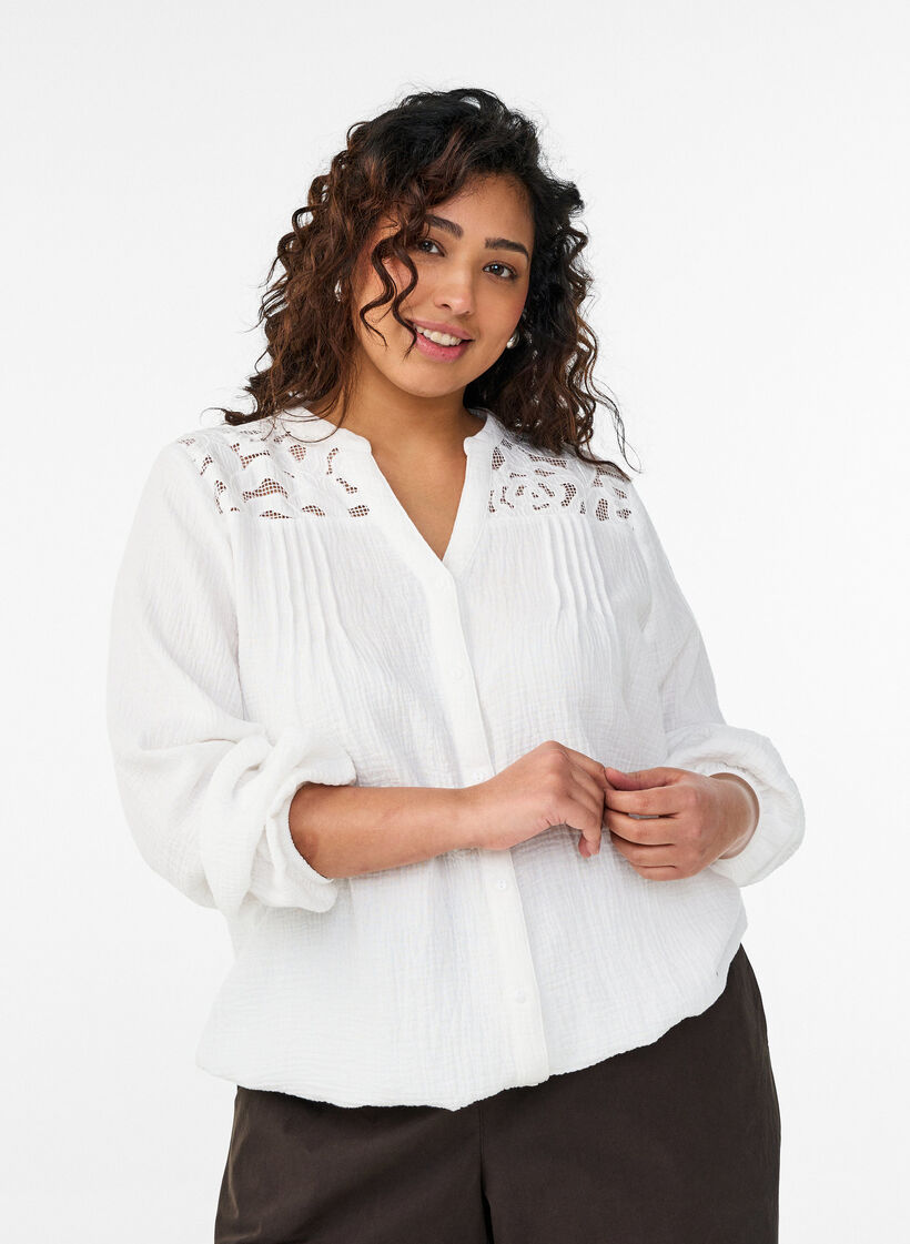 Cotton muslin blouse with embroidered details, White, Model image number 0