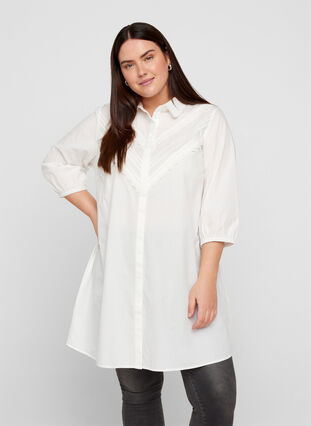 Cotton tunic with 3/4 sleeves and lace, Bright White, Model image number 0