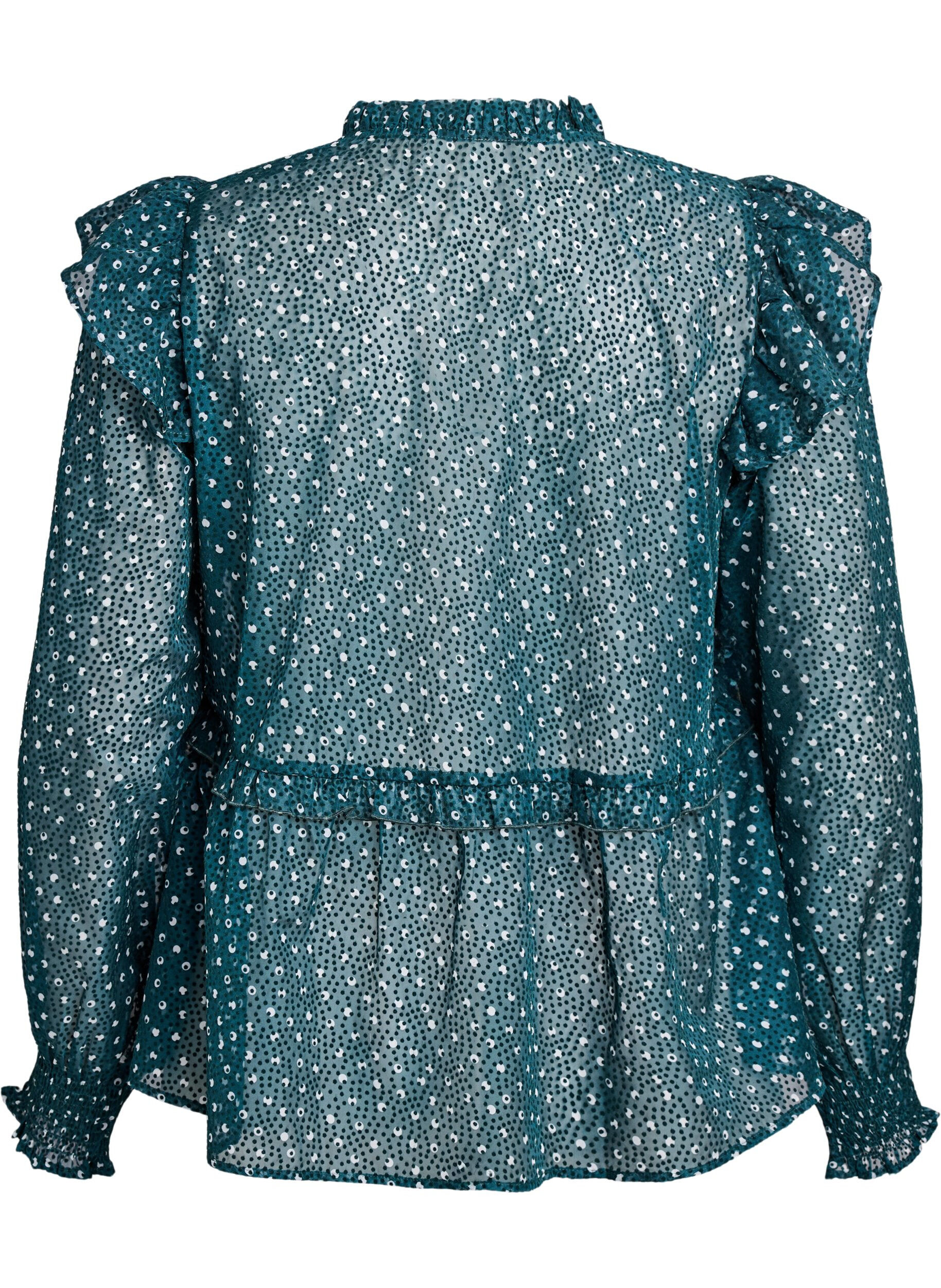 Zizzifashion Chiffon blouse with ruffle details and small dots, Green, Packshot image number 1
