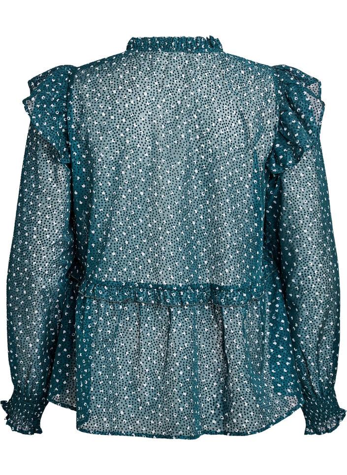 Chiffon blouse with ruffle details and small dots, Green, Packshot image number 1