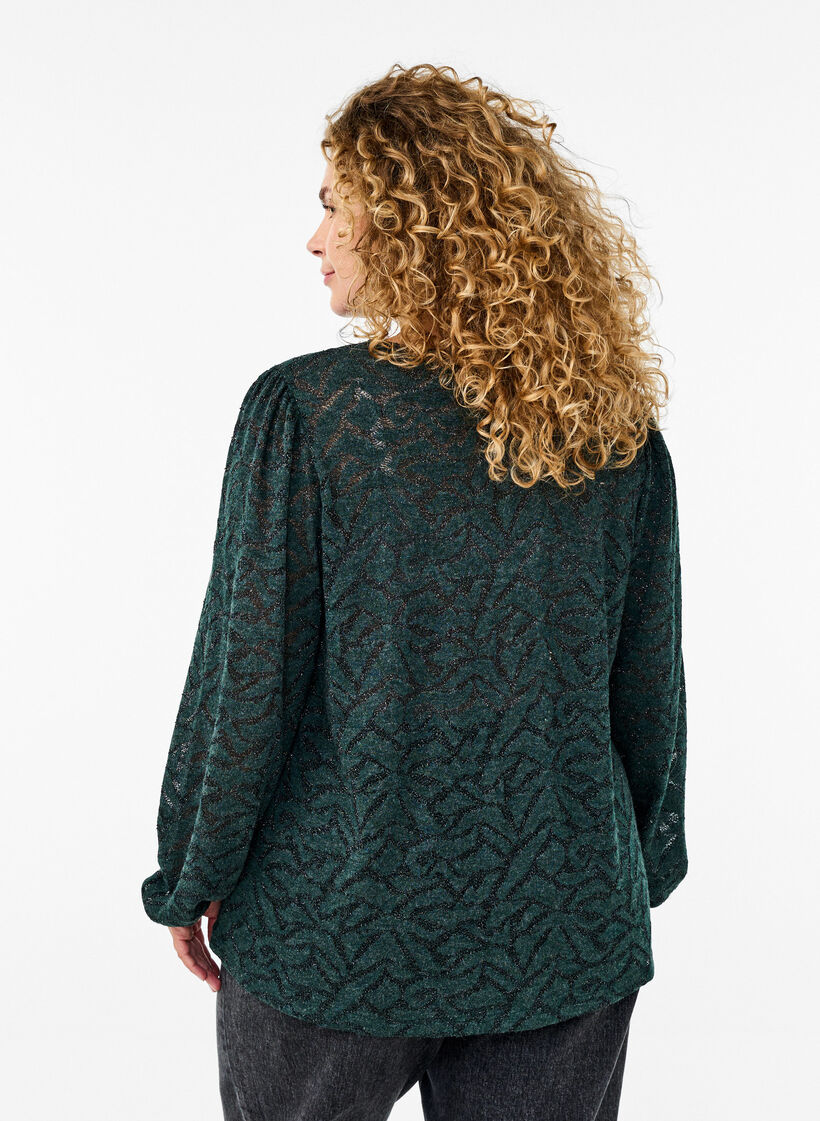Long-sleeved blouse with glitter and pattern, Green, Model image number 2