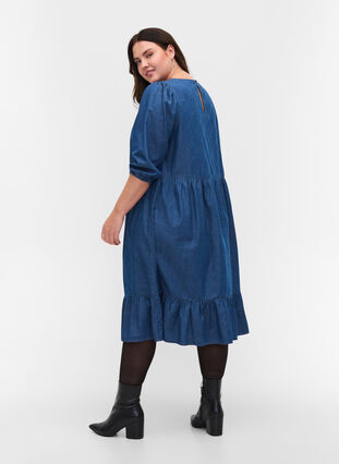 Denim dress made of cotton with 3/4 sleeves, Blue, Model image number 1