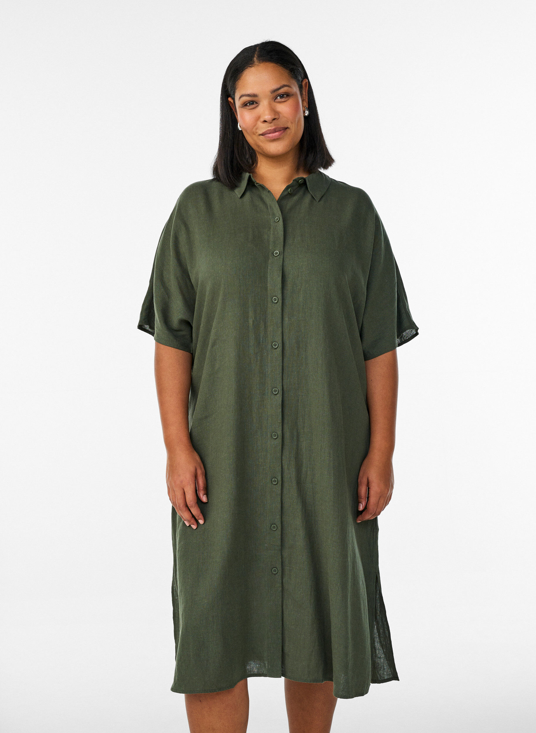 Zizzifashion Shirt dress in linen and viscose with short sleeves, Green, Model image number 0