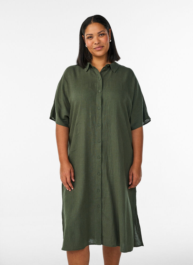 Shirt dress in linen and viscose with short sleeves, Green, Model image number 0