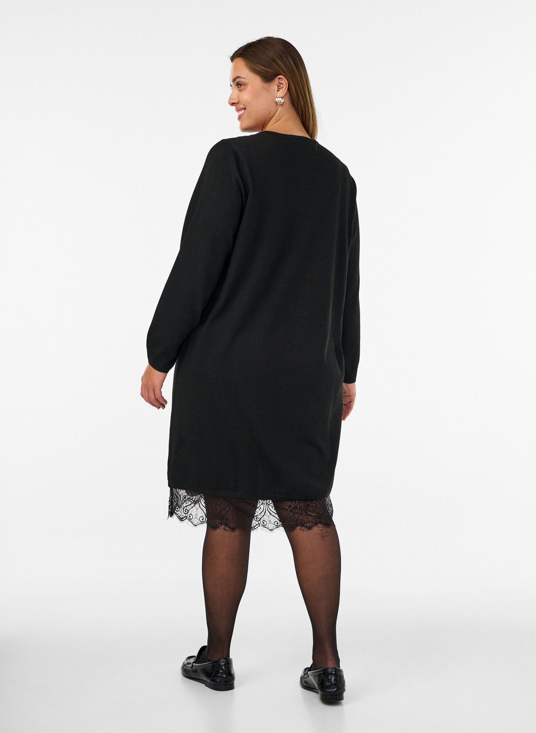 ZizzifashionShort knitted dress with lace hem, Black, Model image number 2