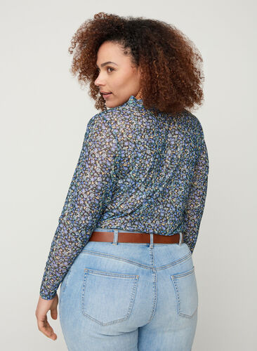 Mesh blouse with floral print, Black AOP, Model image number 1