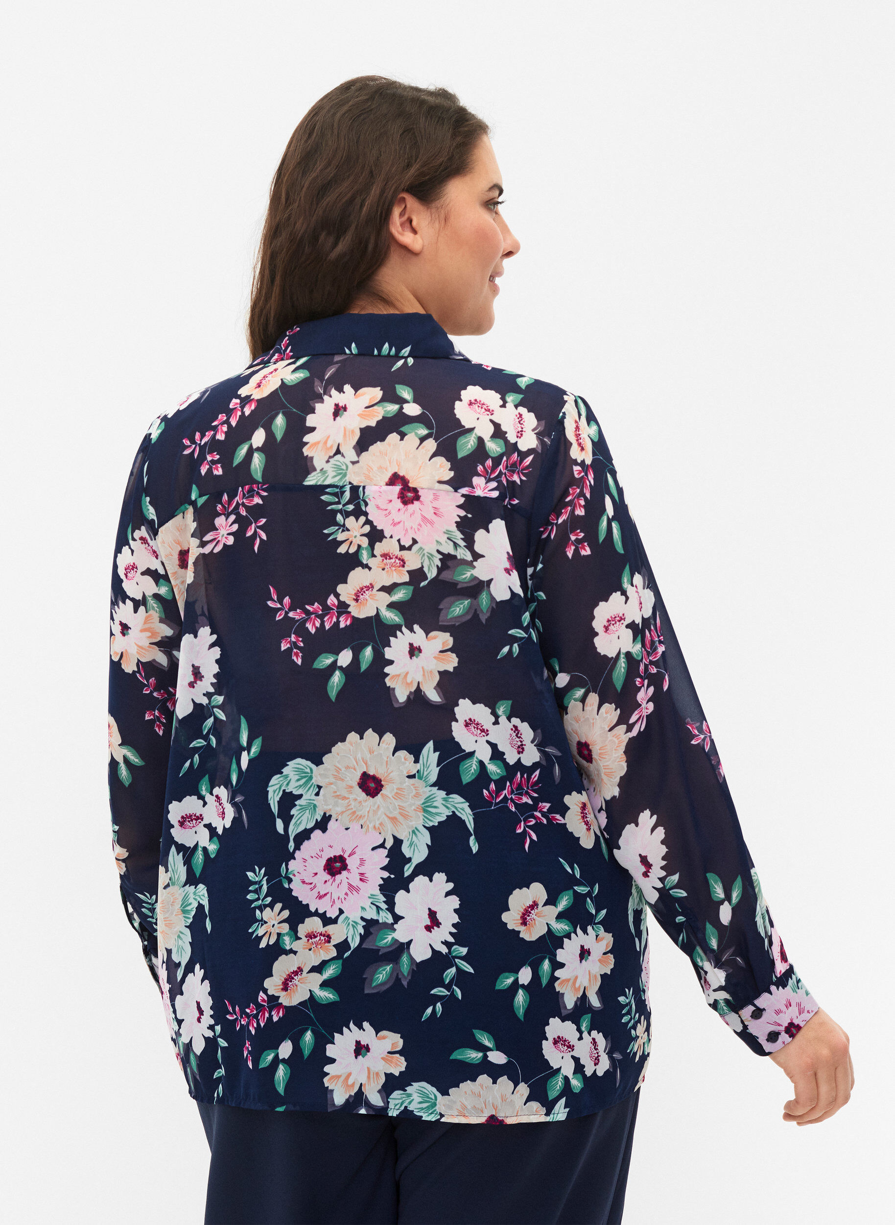 Zizzifashion FLASH - Long sleeve shirt with floral print, Navy Flower, Model image number 1