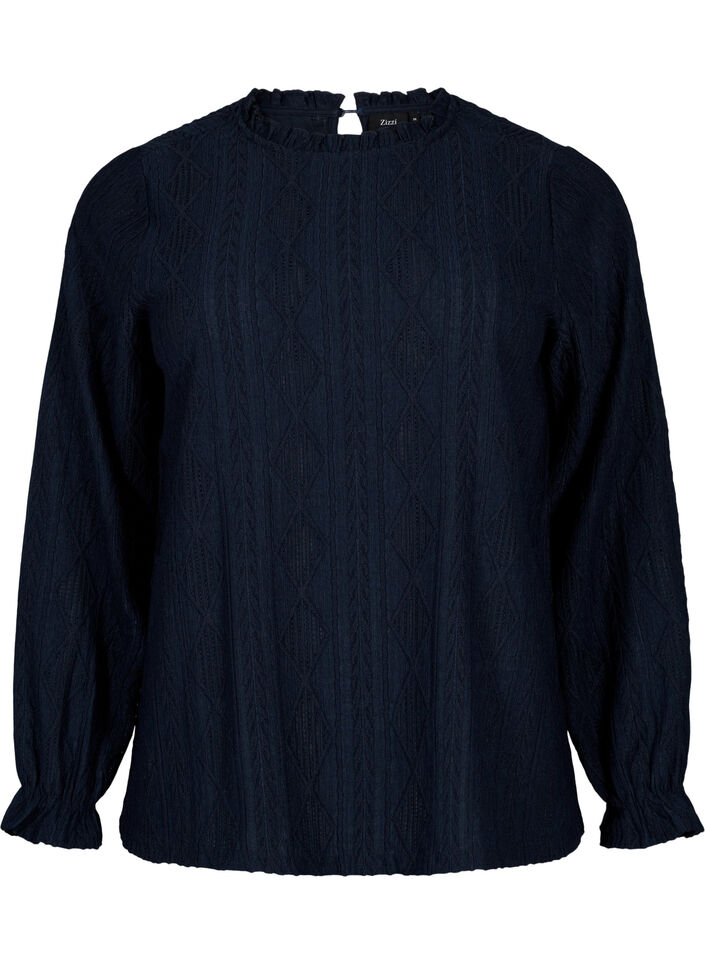 Blouse with ruffle details and tone-on-tone pattern, Night Sky, Packshot image number 0