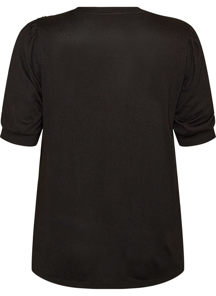Blouse with button detail and short puff sleeves, Black, Packshot image number 1
