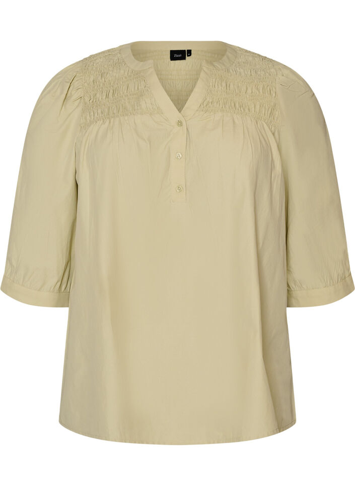Blouse with smock and 3/4 sleeves, Green, Packshot image number 0