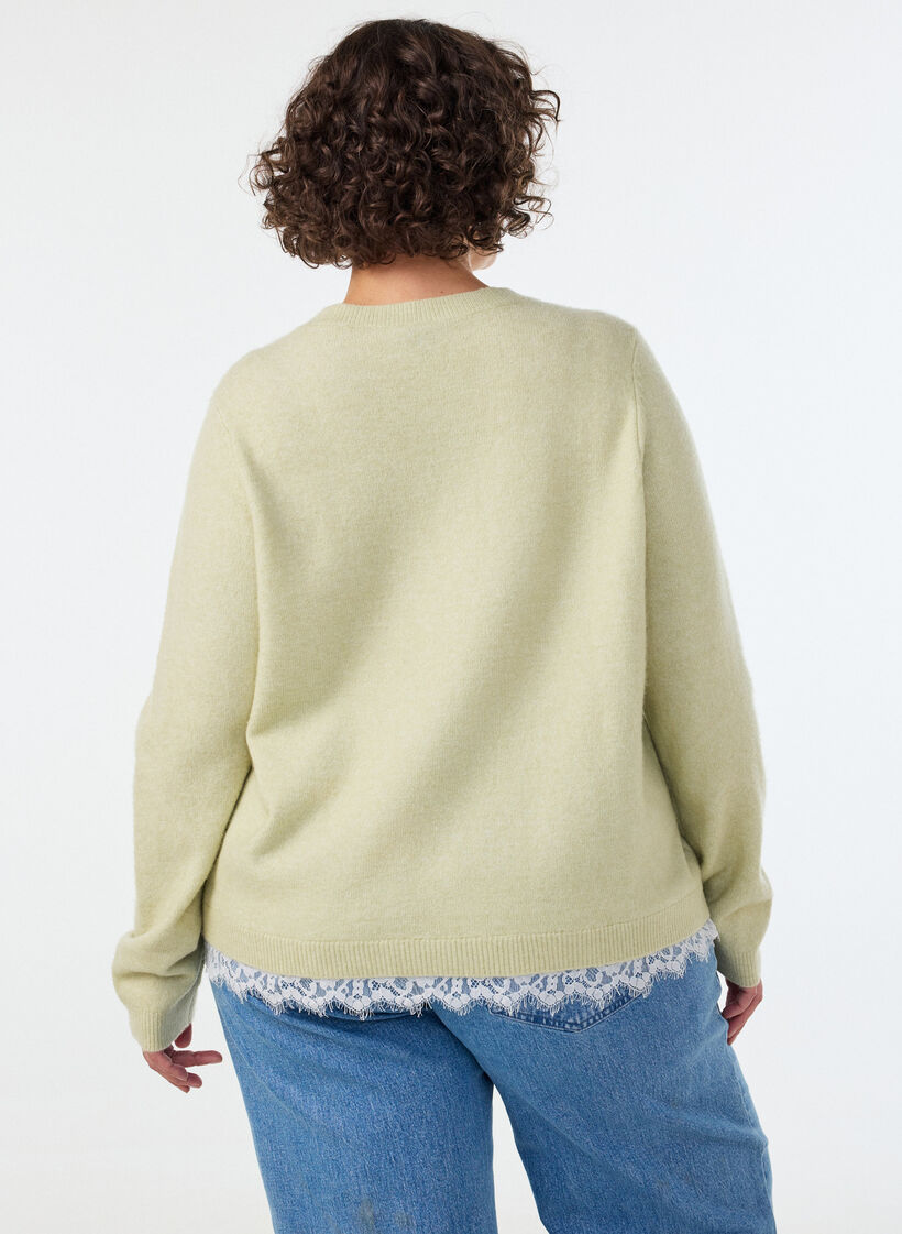 Knitted blouse with lace trim at the hem, Green, Model image number 2