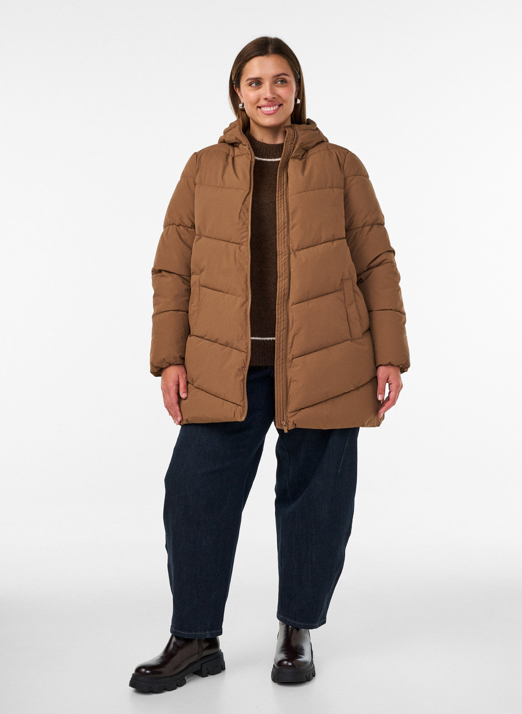ZizzifashionMid-length puffer jacket with hood, Brown, Model image number 1