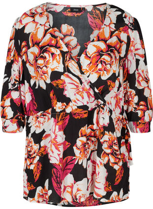 Viscose blouse with 3/4-length sleeves, Black Big Flower , Packshot image number 0