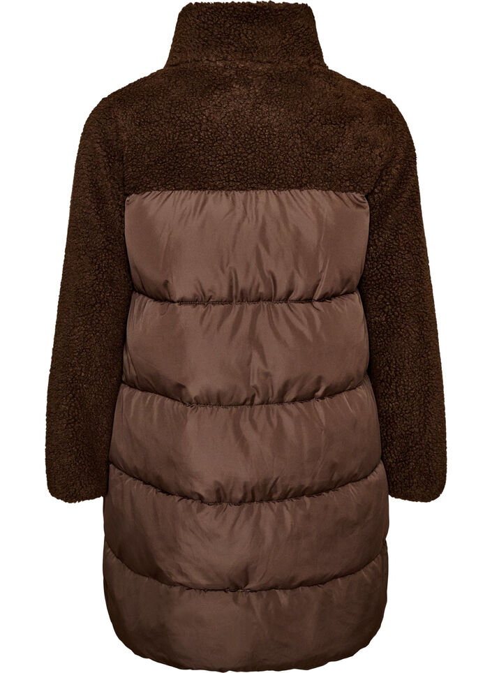 Mid-length puffer jacket with teddy fleece, Brown, Packshot image number 1