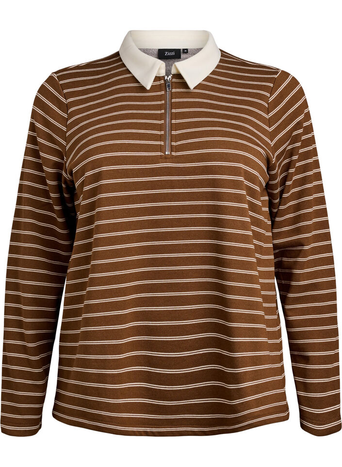 Striped polo shirt with zipper, Brown, Packshot image number 0