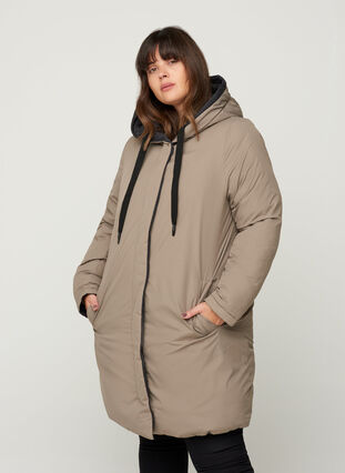 Long reversible jacket with a hood, Black COMB, Model image number 2