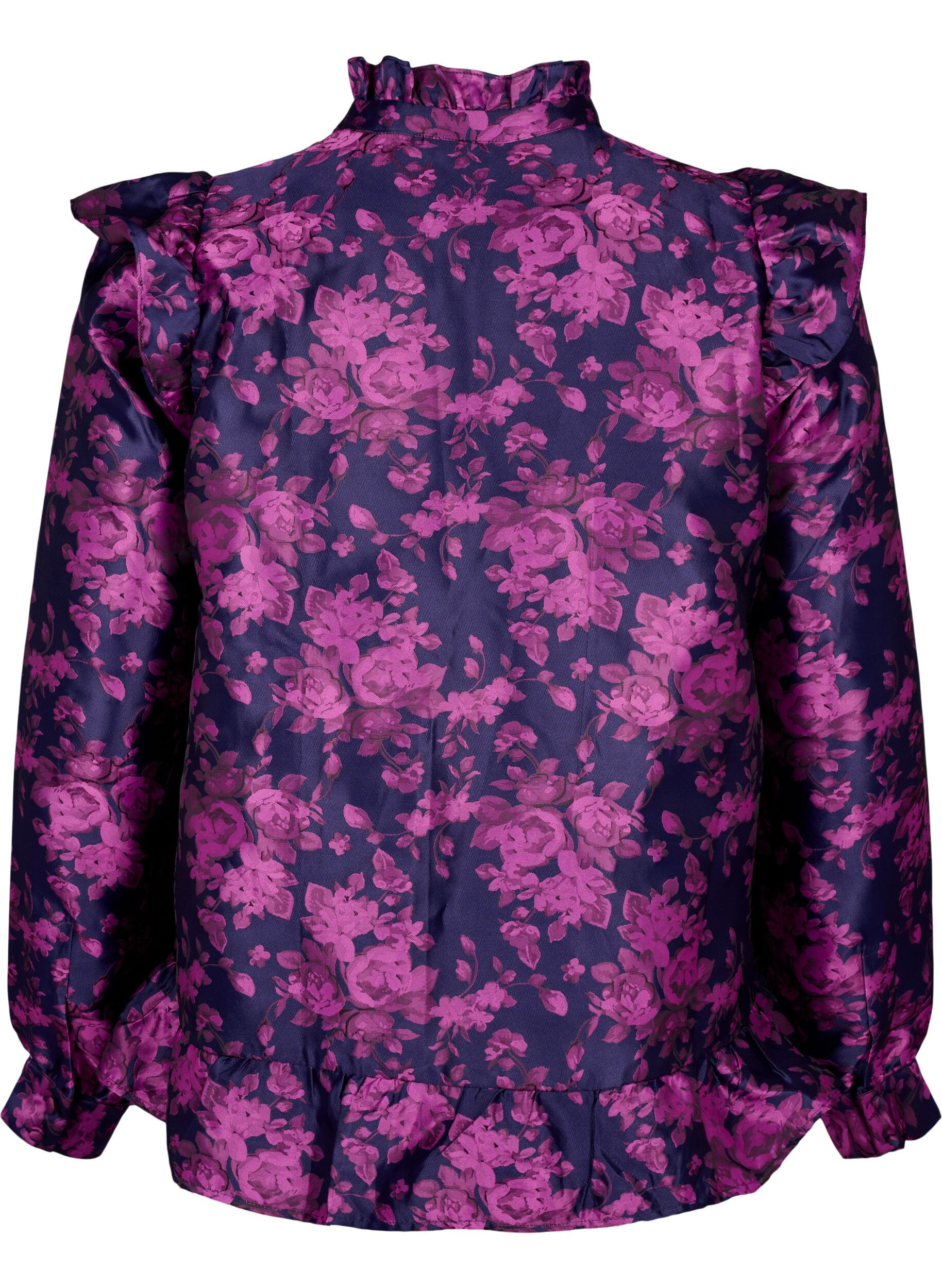 Zizzifashion Floral jacquard blouse with ruffle details, Dark Blue Pink, Packshot image number 1