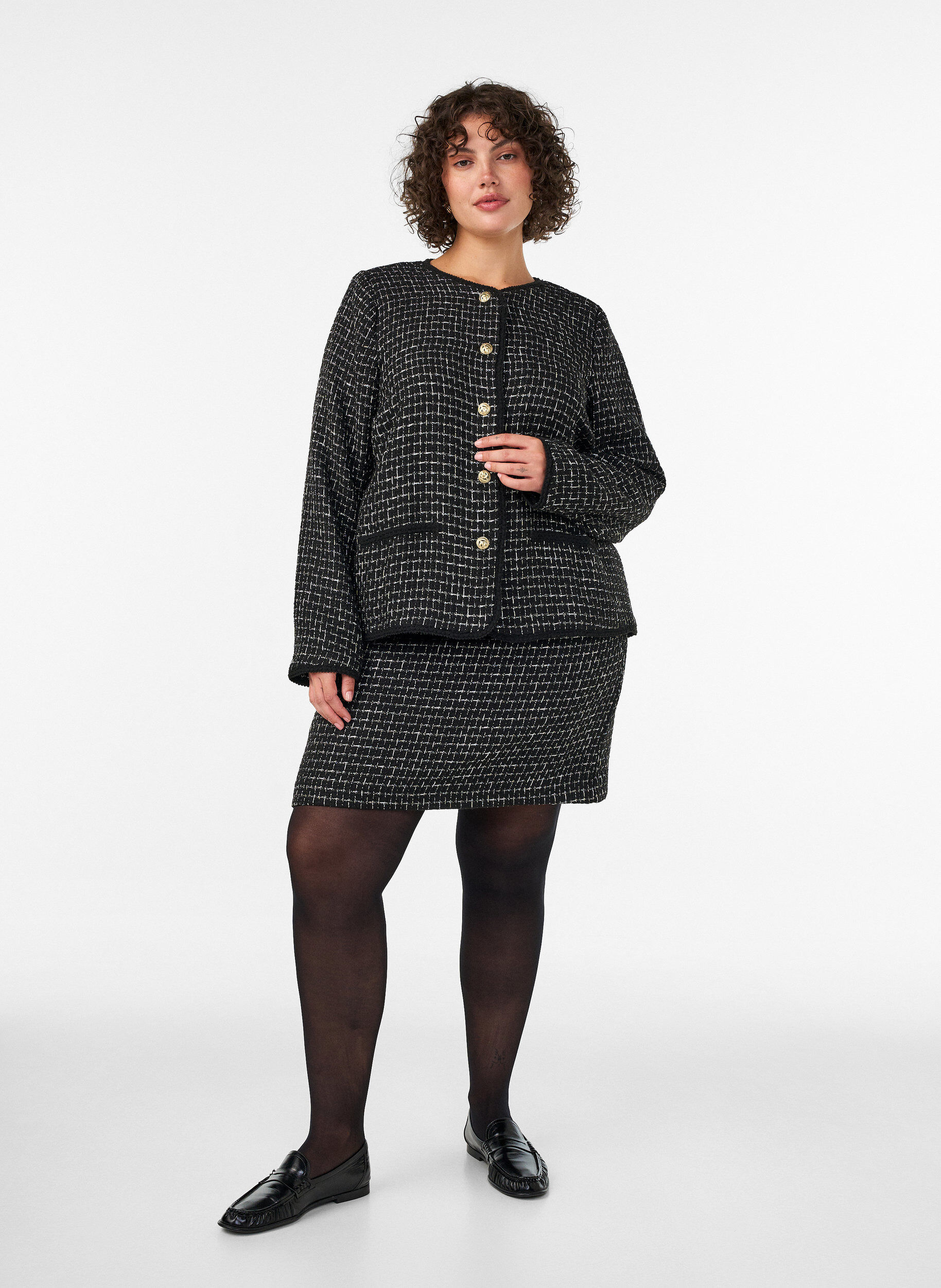 ZizzifashionShort boucl&eacute; skirt, Black, Model image number 1