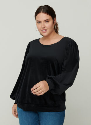 Velour blouse with long puff sleeves, Black, Model image number 0