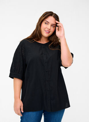 Shirt blouse with broderie anglaise, Black, Model image number 0
