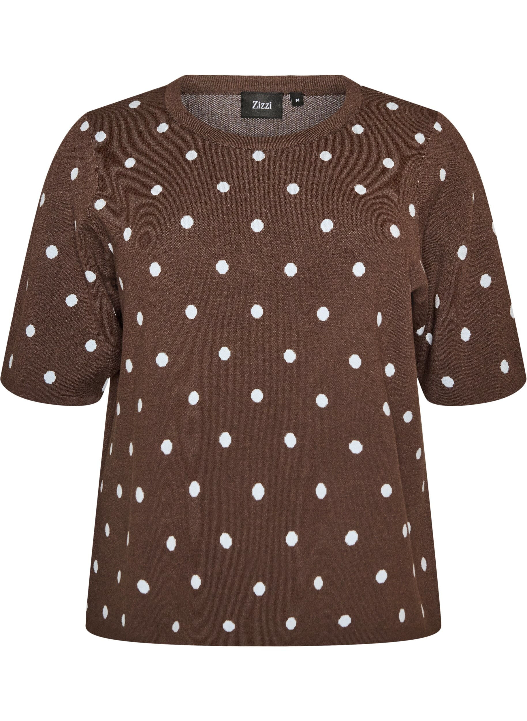 ZizzifashionShort-sleeved knitted blouse with polka dots, Brown, Packshot image number 0