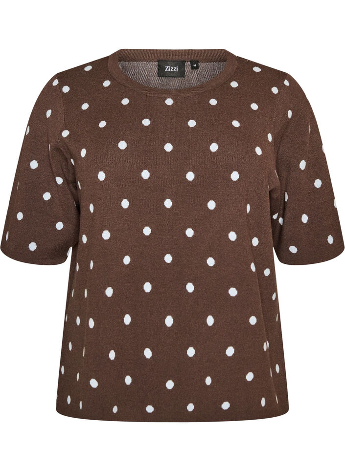 Short-sleeved knitted blouse with polka dots, Brown, Packshot image number 0