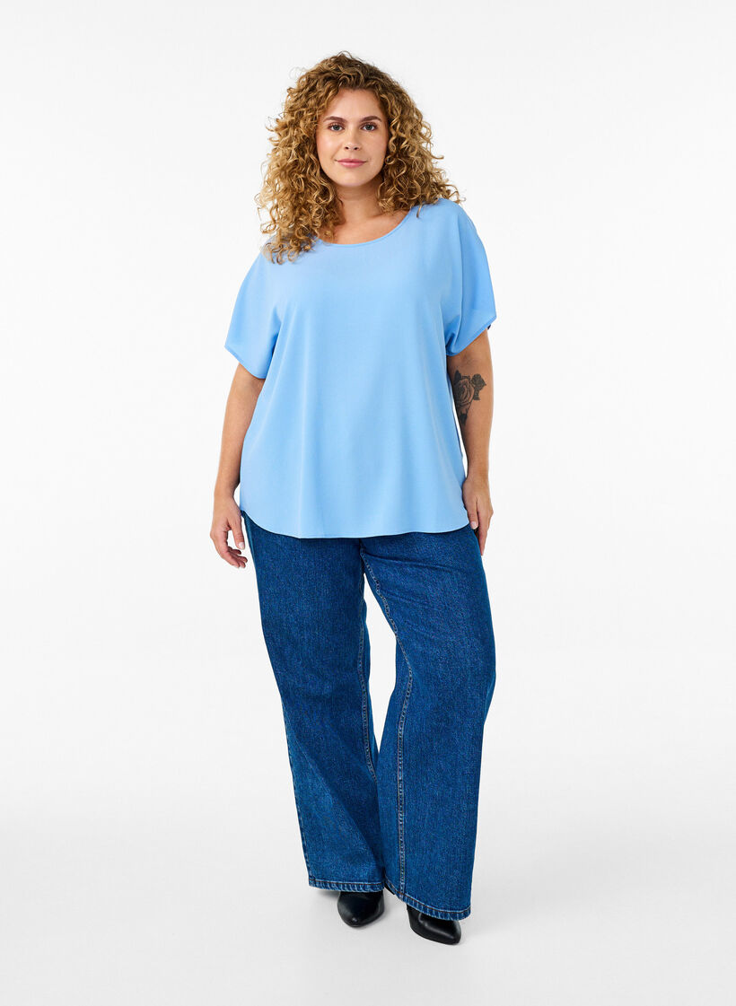 Blouse with short sleeves and a round neckline, Light Blue, Model image number 1